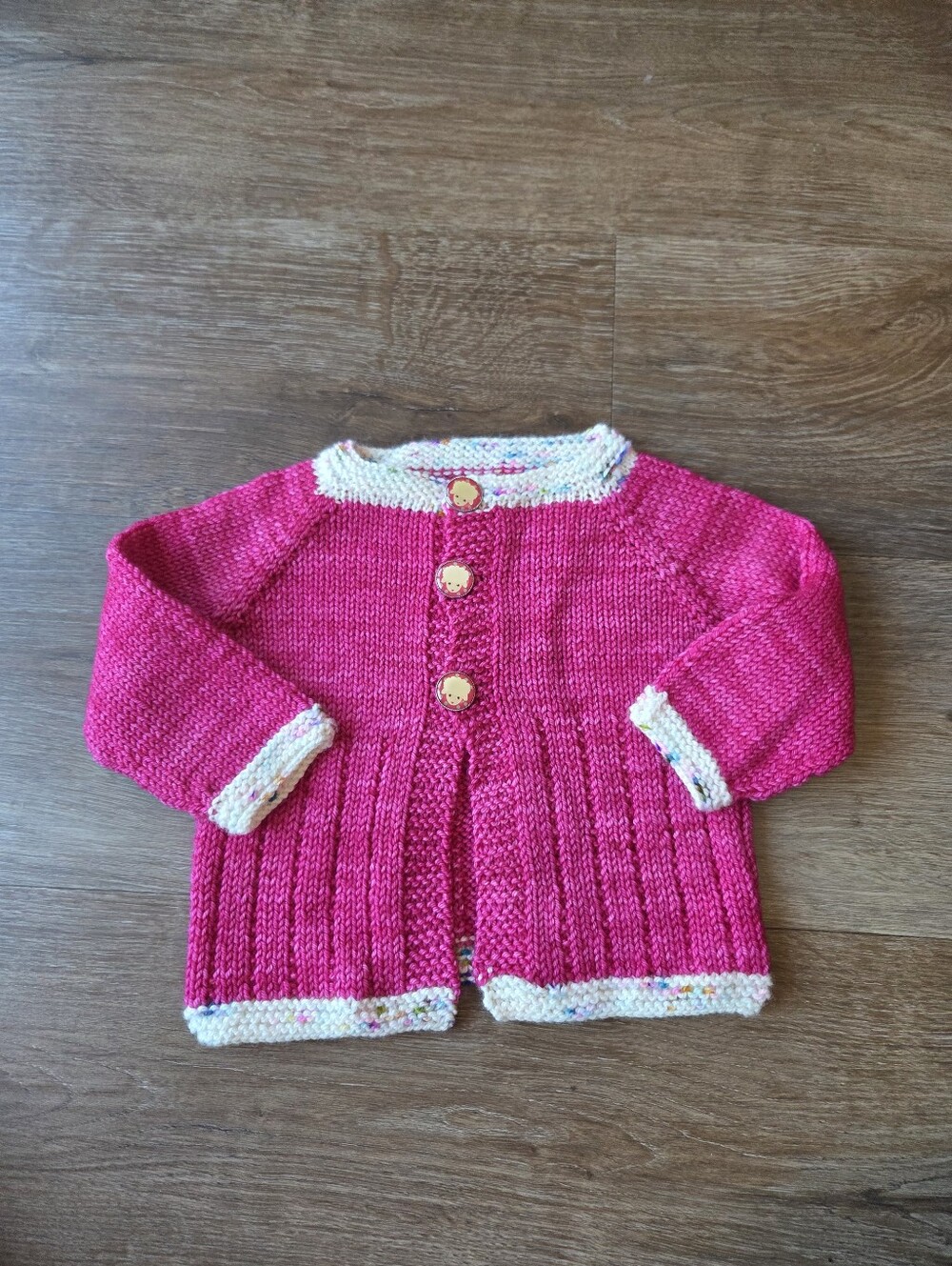Hand Made Fuschia Pink Knit Baby Girl Cardigan Sweater with Lamb Buttons 6m